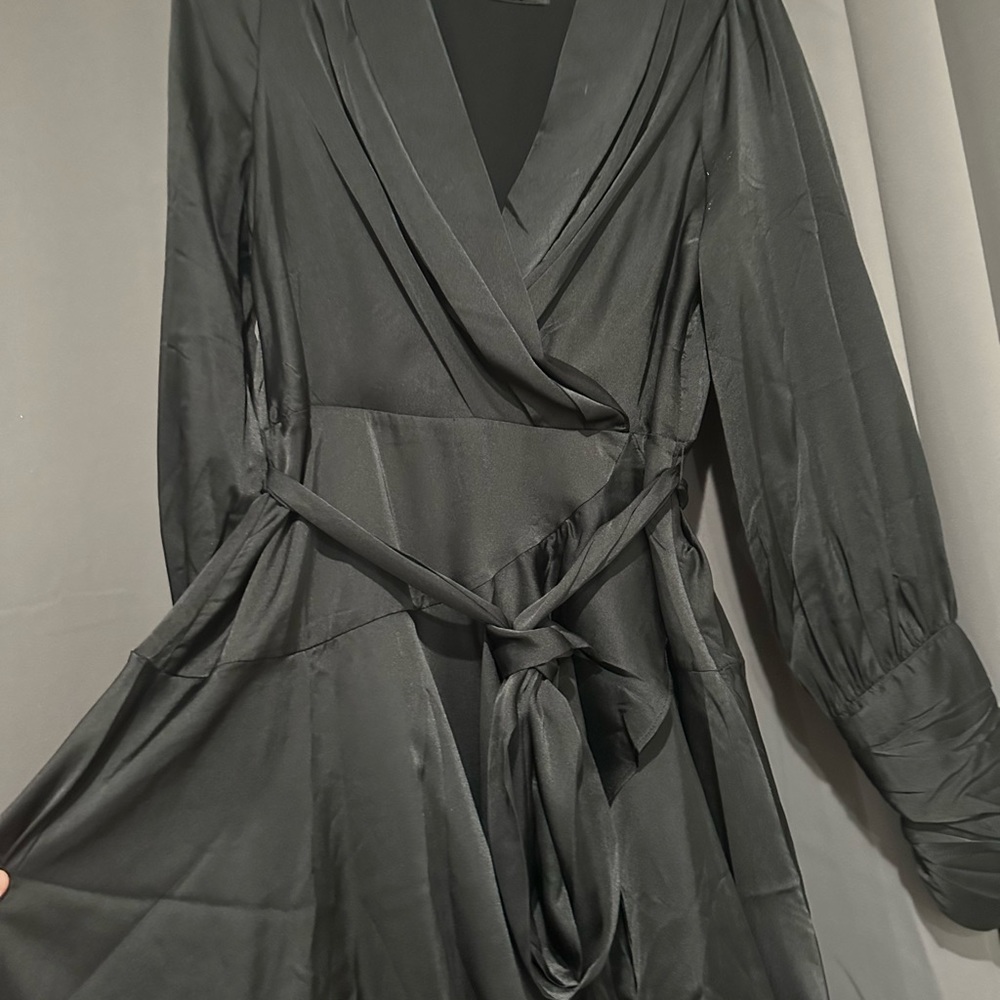Flowy black mini dress, satin, light. Only worn once. No tears or stains.
